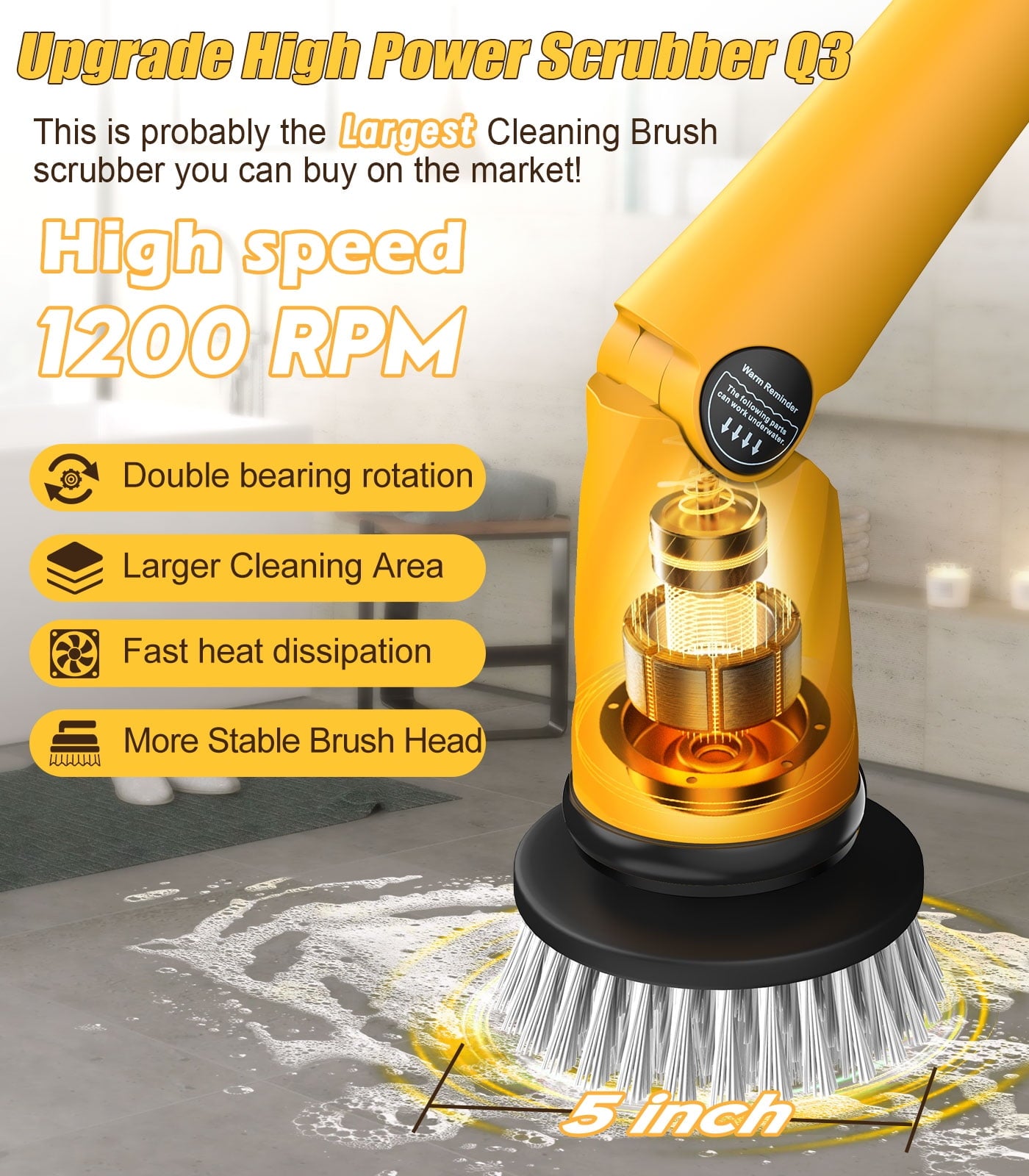 1200 RPM Electric Spin Scrubber with Two Batteries, 6000mAh Battery Cordless Cleaning Brush with Smart Display, Electric Tile Floor Scrubber with 8 Brushes, Powered Shower Scrubber for Bathtub Floor