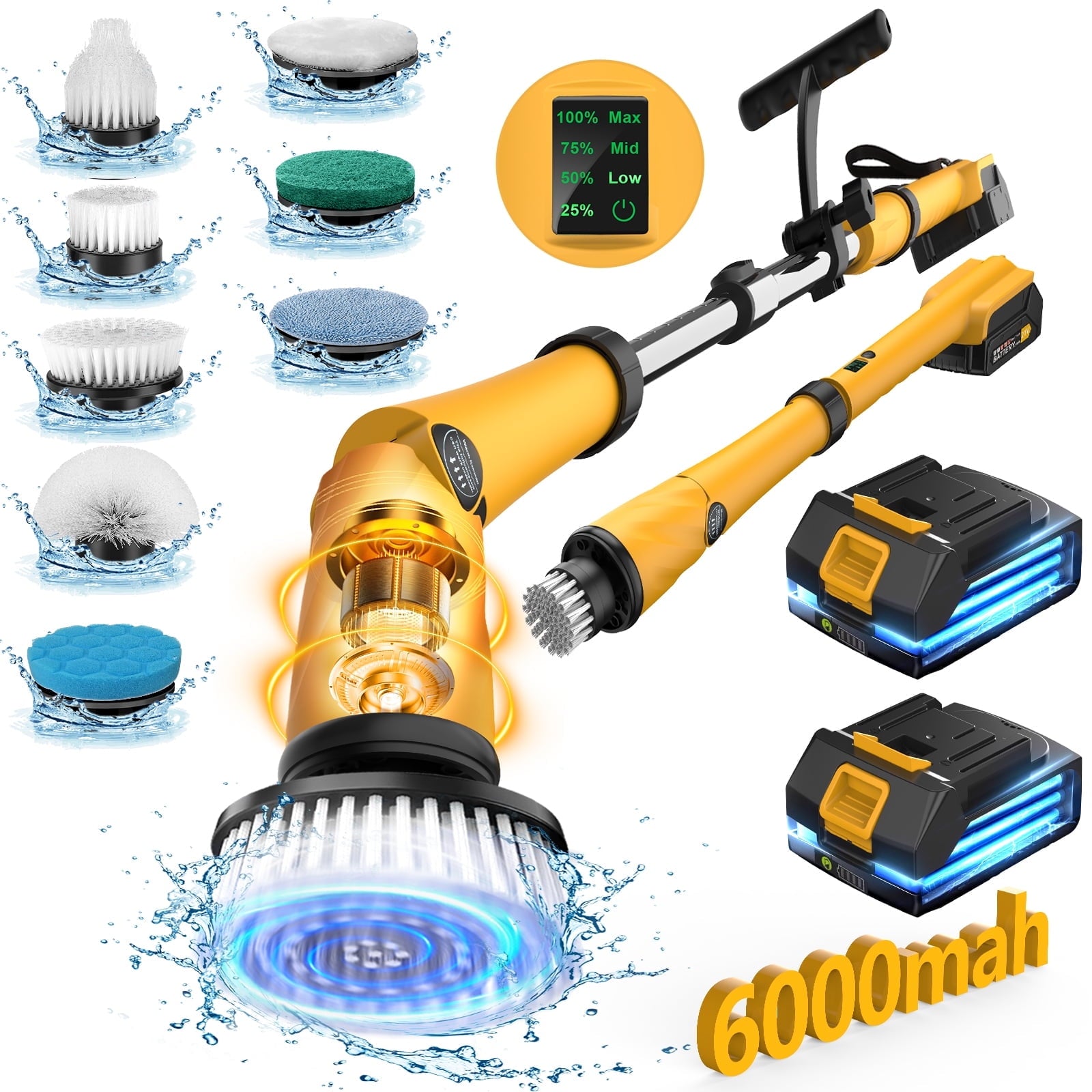 1200 RPM Electric Spin Scrubber with Two Batteries, 6000mAh Battery Cordless Cleaning Brush with Smart Display, Electric Tile Floor Scrubber with 8 Brushes, Powered Shower Scrubber for Bathtub Floor