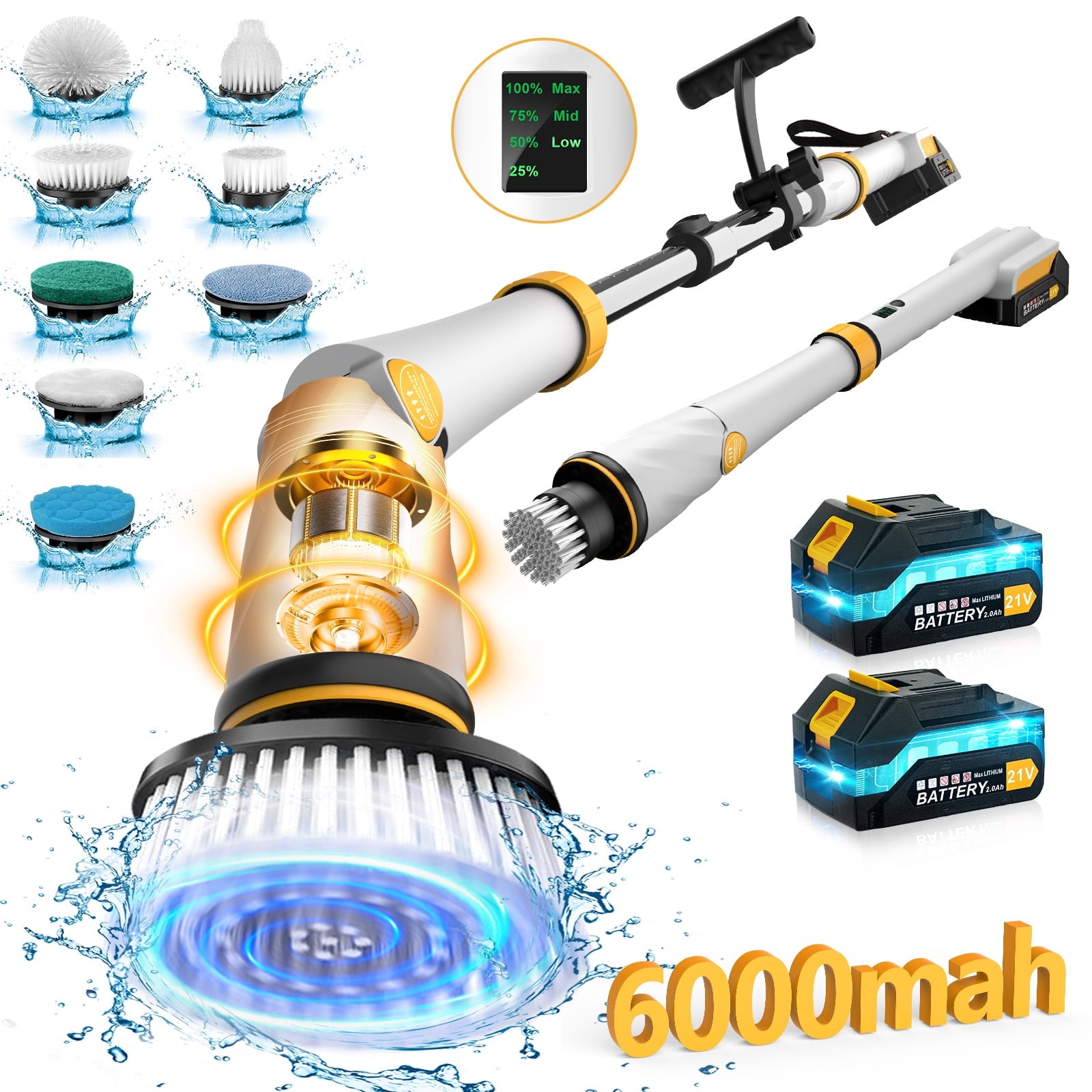 Amiluo Electric Spin Scrubber Extra Large Brush,6000 mAh Best Battery Power Scrubber for Cleaning,1200RPM Shower Cordless Cleaning Brush with 8 Brushes for Bath/Tub/Tile/Floor