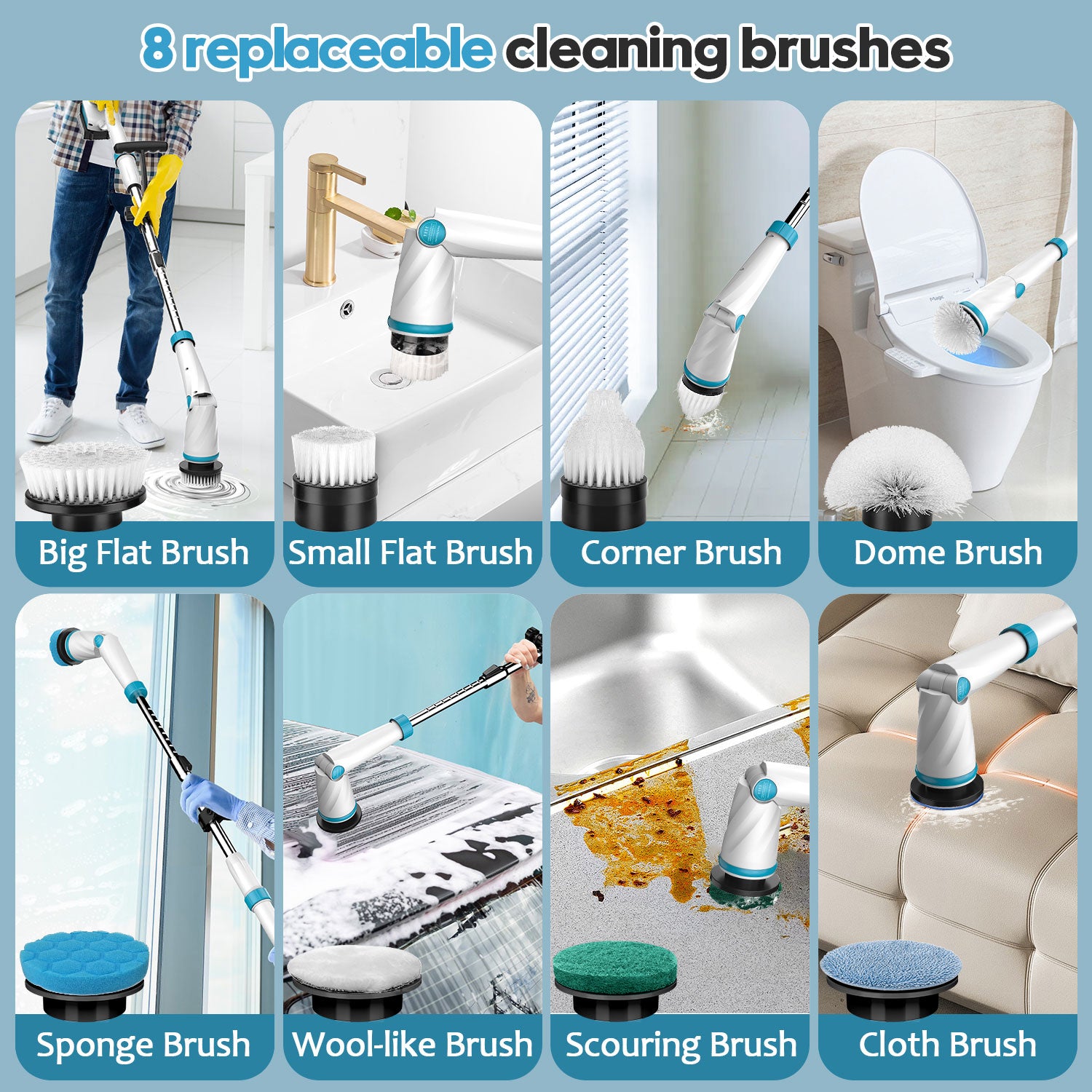 1500RPM Electric Spin Scrubber with Two Batteries, Amiluo Cordless Shower Scrubber with 8 Cleaning Brush,3 Speeds Display & 50inch Retractable Handle,IPX7 Waterproof Power Scrubbers for Deep Cleaning