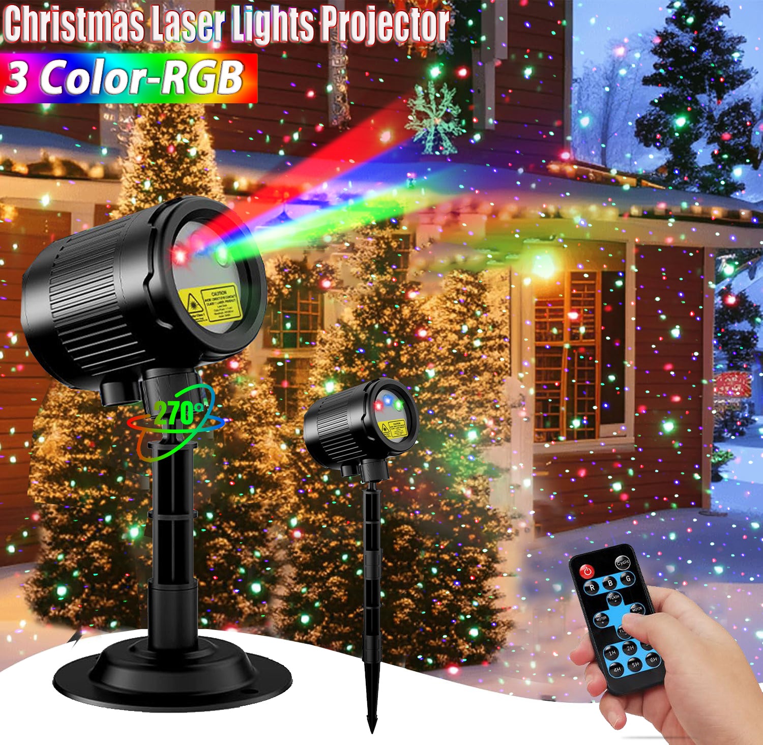 Laser Christmas Projector Lights Outdoor, Lacoco RGB 3 Color Starry Lights, Show Laser Projection Light, with RF Control, IP65 Waterproof for Decor Party Xmas Home