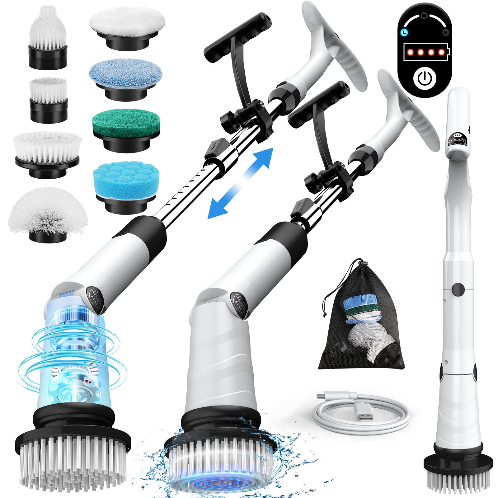 Amiluo Electric Spin Scrubber, Cordless Shower Scrubber Bathroom Cleaning Brush with 3 Power Speeds and Adjustable Extension Handle for Bathtub, Tile, Floor