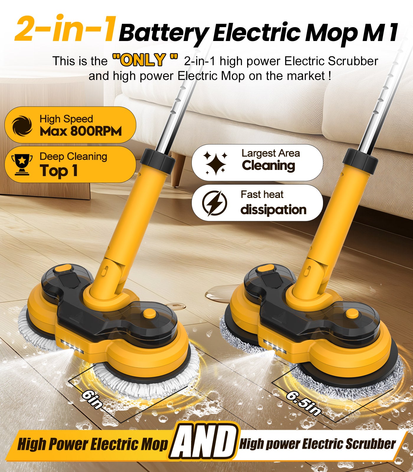 Cordless Electric Mop, with LED Headlight & Water Sprayer, Dual-Motor Powerful Spin Mop with 300ML Water Tank, Self-Propelled, Effortless Clean & Waxing