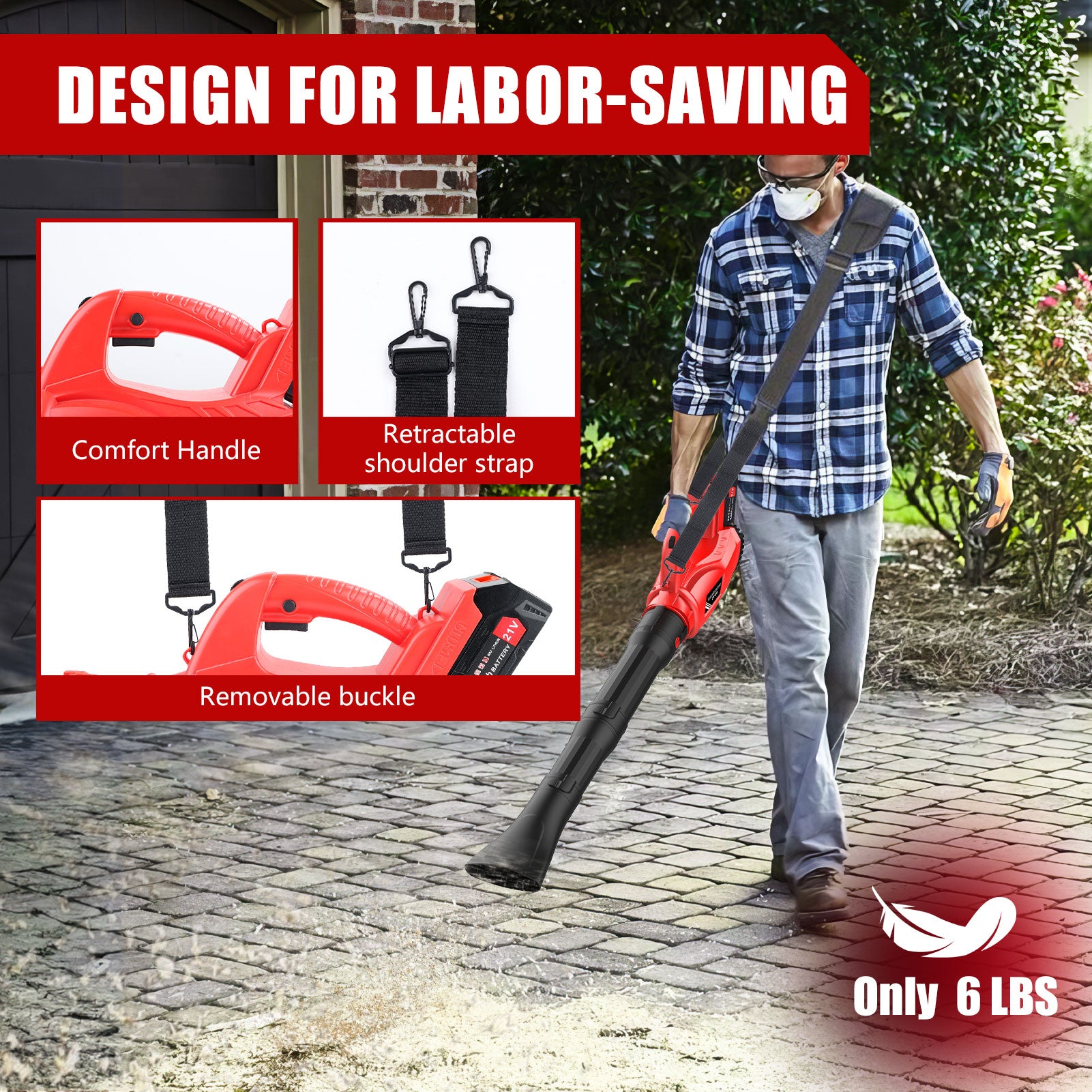 Cordless Leaf Blower with 6000mAh Battery and Charger, Tanbaby 21V 180MPH 320CFM Electric Leaf Blowers with 2 Section Tubes 6-Speed Dial Control for Fall Leaf, Lawn/Garden Care, Snow, Debris, Dust