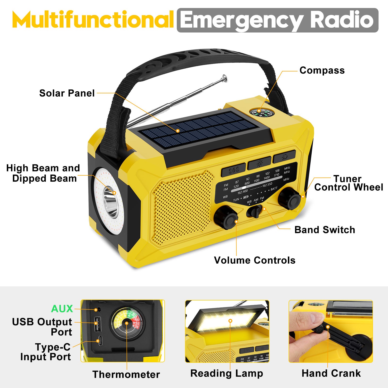 10000mAh Hand Crank Radio,Emergency Radio,Solar Radio,NOAA/AM/FM Weather Radio,USB Type-C Charging Radios Portable with LED Reading Light,SOS,Compass for Camping Hiking Travelling