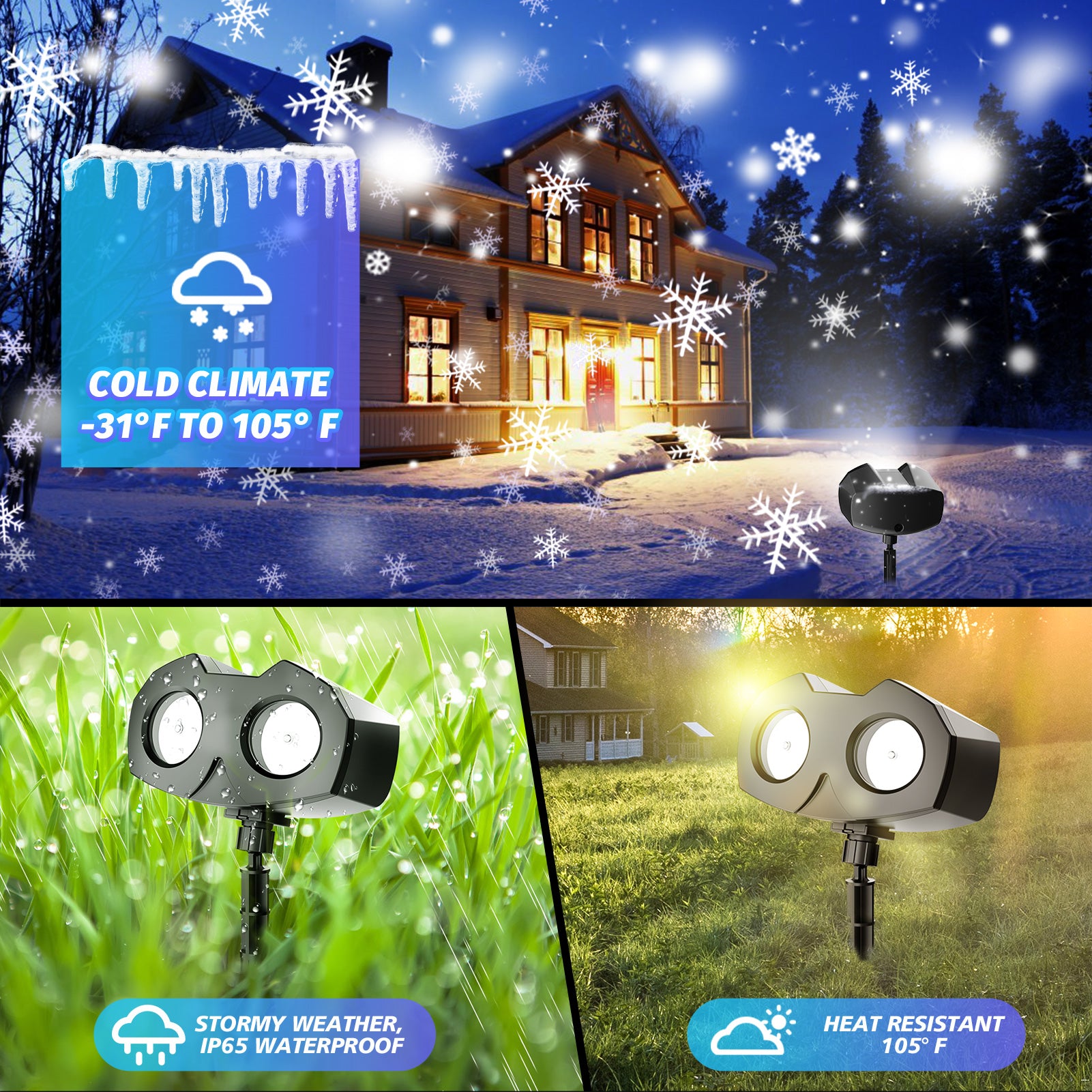 Snowflake Projector Lights, Tanbaby Christmas Snow Night Projection Lamp, IP65 Waterproof Outdoor LED Snow Spotlight for Halloween Holiday Party Home Decor Garden Light Projector, with Remote Control