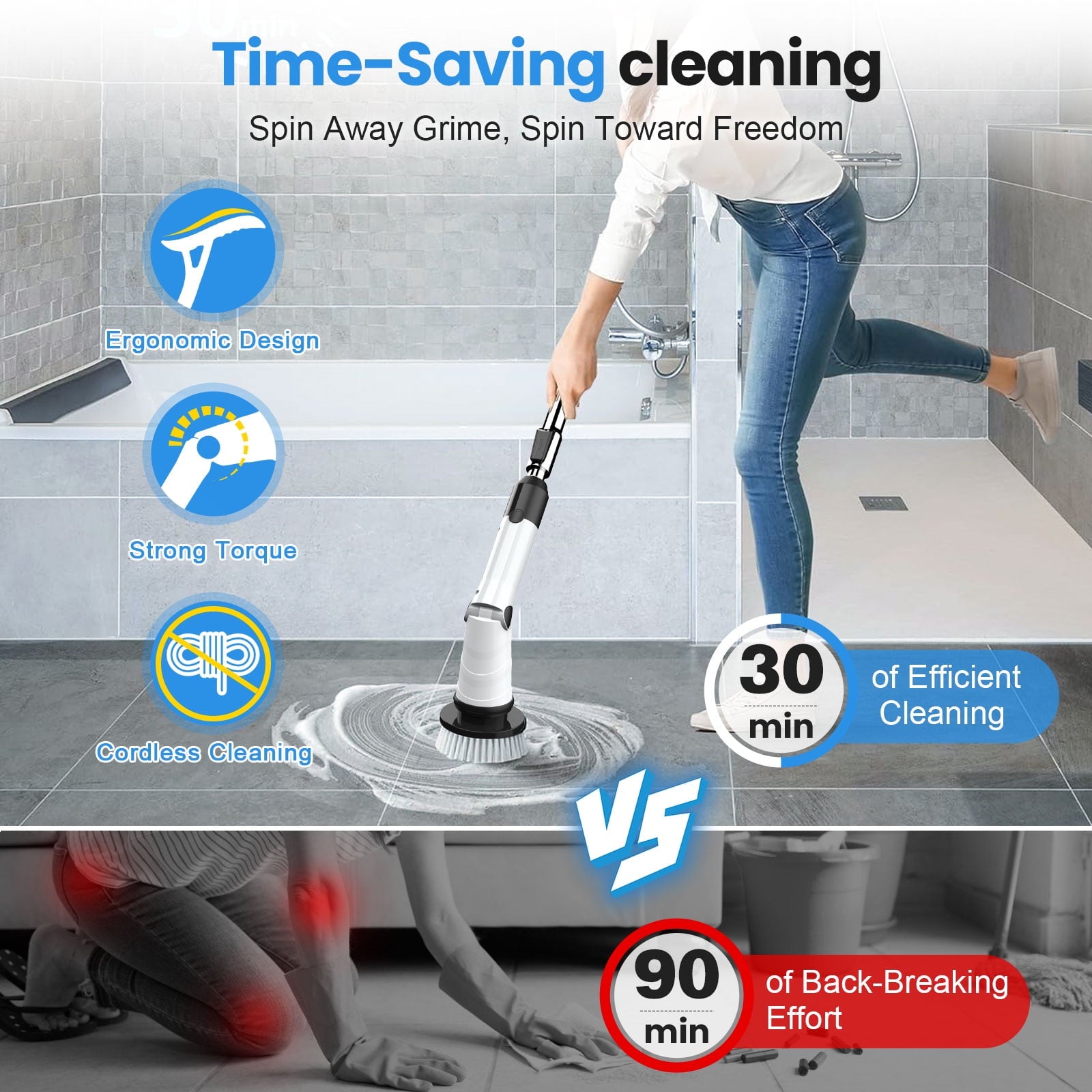 Amiluo Electric Spin Scrubber, Cordless Shower Scrubber Bathroom Cleaning Brush with 3 Power Speeds and Adjustable Extension Handle for Bathtub, Tile, Floor