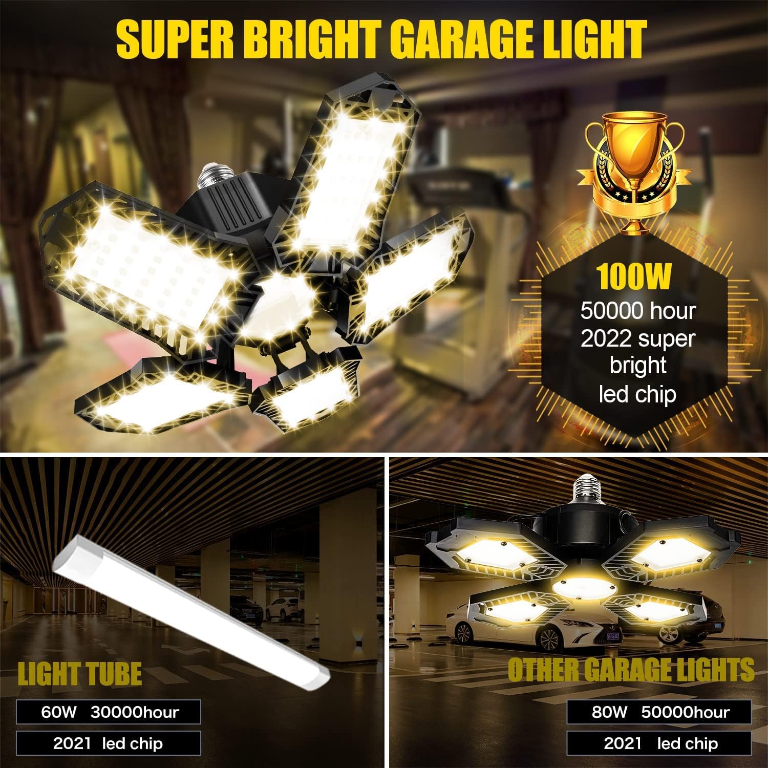 100W 10000LM 3000K 5 1 Panels Warm Led Garage Lights 2 Pack