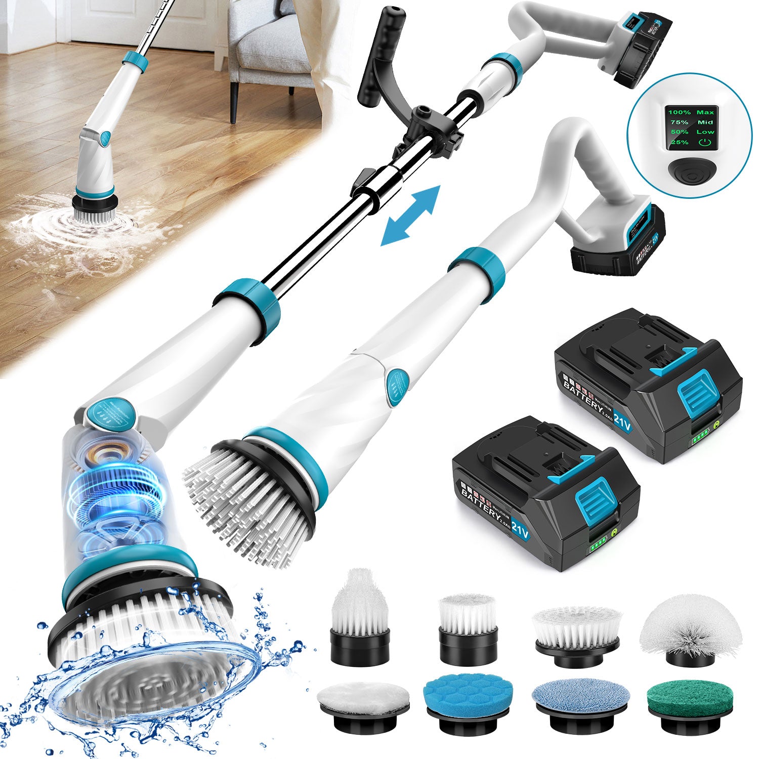 1500RPM Electric Spin Scrubber with Two Batteries, Amiluo Cordless Shower Scrubber with 8 Cleaning Brush,3 Speeds Display & 50inch Retractable Handle,IPX7 Waterproof Power Scrubbers for Deep Cleaning