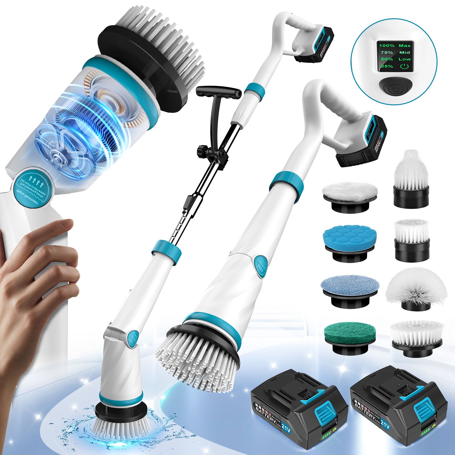 1500RPM Electric Spin Scrubber with Two Batteries, Amiluo Cordless Shower Scrubber with 8 Cleaning Brush,3 Speeds Display & 50inch Retractable Handle,IPX7 Waterproof Power Scrubbers for Deep Cleaning