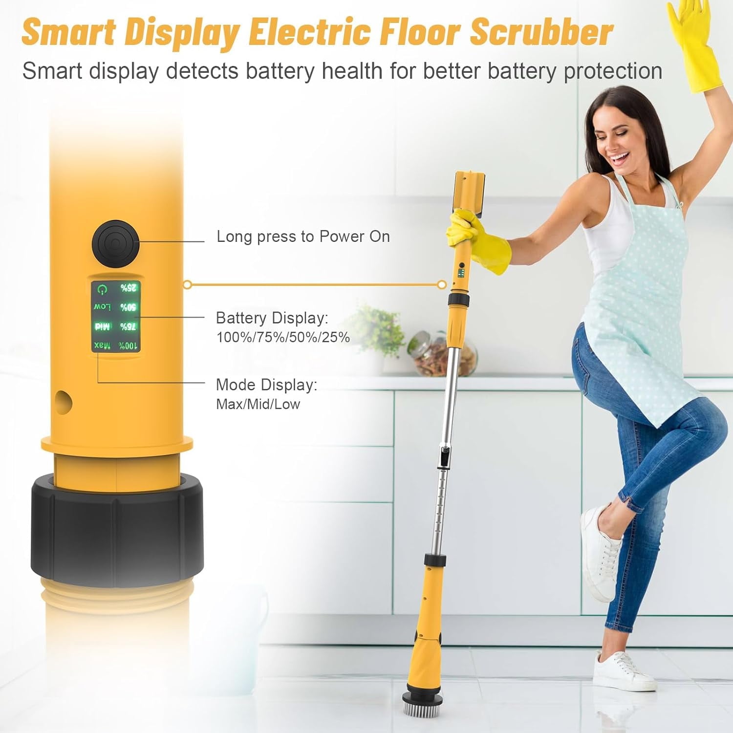 1200 RPM Battery Electric Spin Scrubber,Powerful Cordless Cleaning Brush with Smart Display, Electric Tile Floor Scrubber with 8 Brushes, 3 Adjustable Angle Electric Scrubber for Bathroom Kitchen