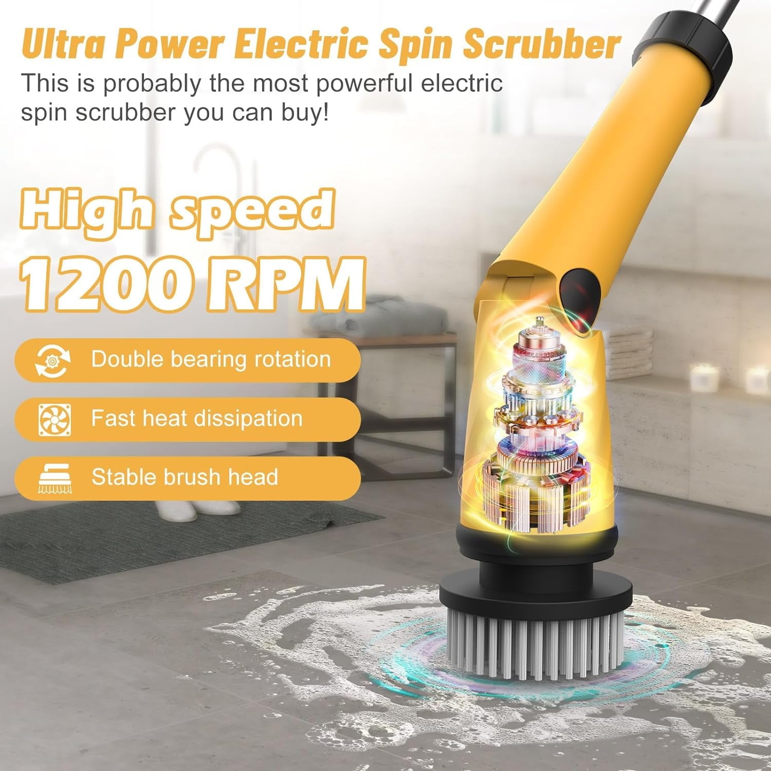 1200 RPM Battery Electric Spin Scrubber,Powerful Cordless Cleaning Brush with Smart Display, Electric Tile Floor Scrubber with 8 Brushes, 3 Adjustable Angle Electric Scrubber for Bathroom Kitchen