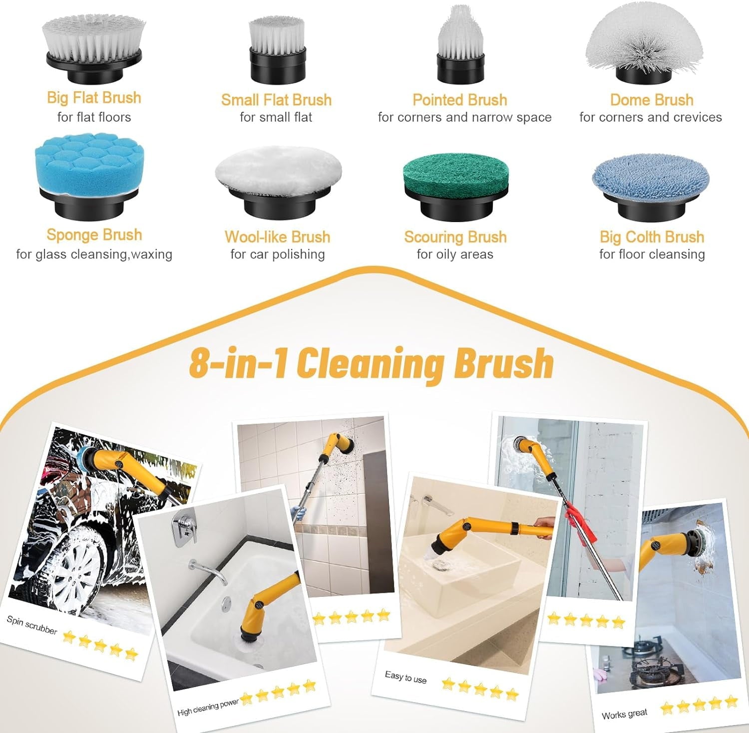 1200 RPM Battery Electric Spin Scrubber,Powerful Cordless Cleaning Brush with Smart Display, Electric Tile Floor Scrubber with 8 Brushes, 3 Adjustable Angle Electric Scrubber for Bathroom Kitchen