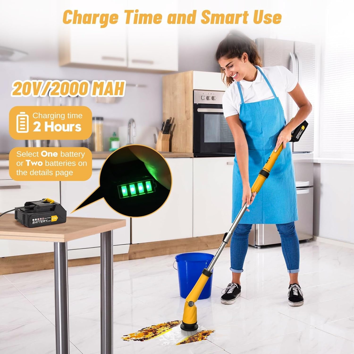 1200 RPM Battery Electric Spin Scrubber,Powerful Cordless Cleaning Brush with Smart Display, Electric Tile Floor Scrubber with 8 Brushes, 3 Adjustable Angle Electric Scrubber for Bathroom Kitchen